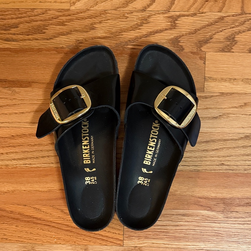 Birkenstock Black Slides with Gold Accents